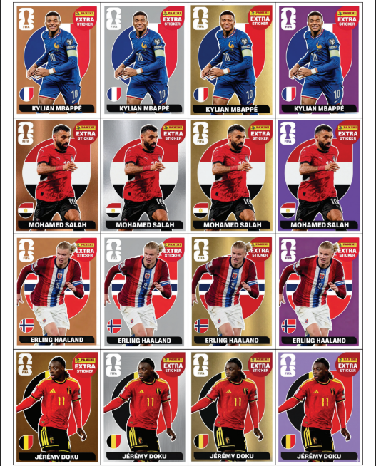 Variantes Extra Sticker: Mbappé · Salah · Haaland · Doku